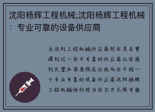 沈阳杨辉工程机械;沈阳杨辉工程机械：专业可靠的设备供应商